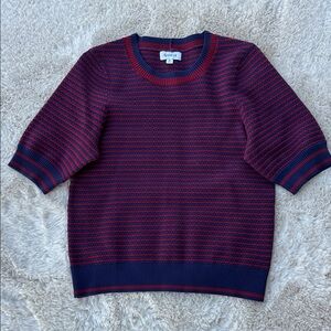 Evereve Striped Knit Short Sleeve Sweater Top | Navy Red | Size M